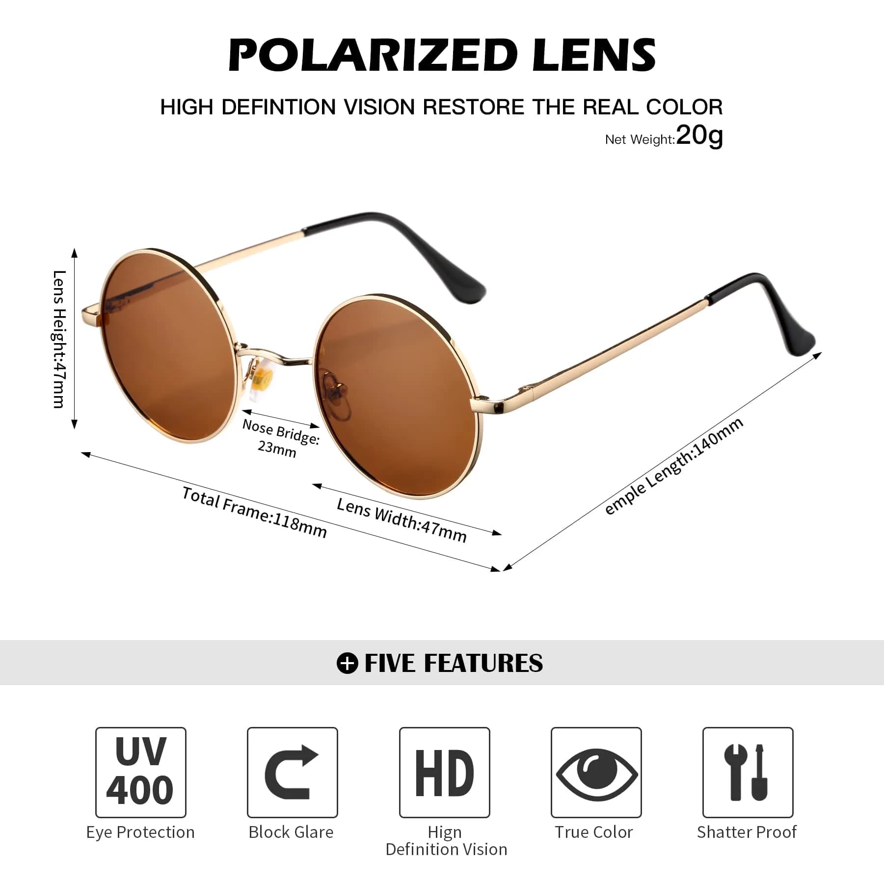 Pro Acme Small Round Polarized Sunglasses - Gold Frame, Brown Gradient Lens, UV400 - view 4
