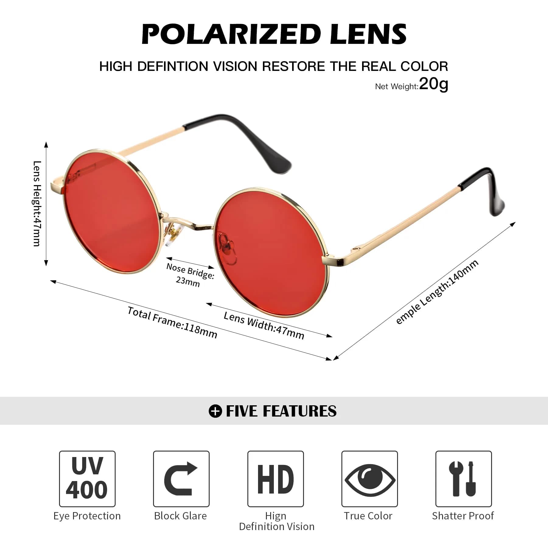 Pro Acme Small Round D4 Gold Frame Transparent Red Lens Polarized Sunglasses UV400 - view 4