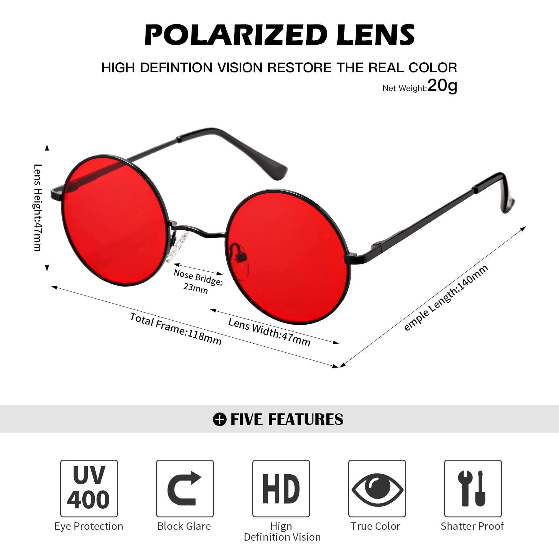 Pro Acme Small Round Sunglasses - Black Frame, Transparent Red Lens, UV400 Polarized - view 4