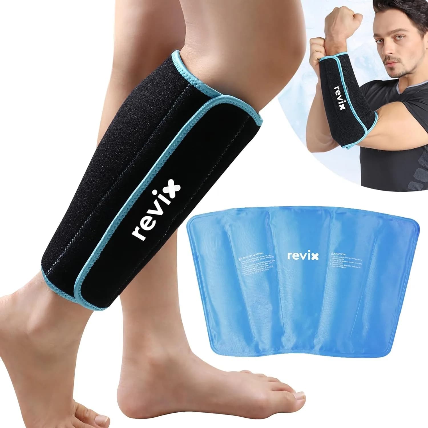 REVIX Reusable Leg Ice Pack Wrap, Calf & Shin Cold Compress, Neoprene Support, 1 Pack — Black-Regular Size