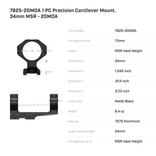 WARNE 7825-20MOA 34mm MSR Precision Cantilever Mount | Aluminum, Matte Black, Fits 34mm Scope thumbnail 2