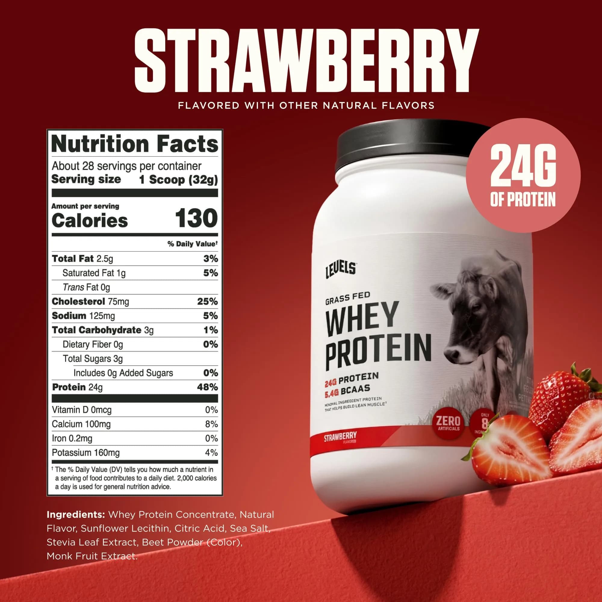 Levels Nutrition Strawberry Grass Fed Whey Protein Powder 2lb | 24g Protein Per Scoop - view 3