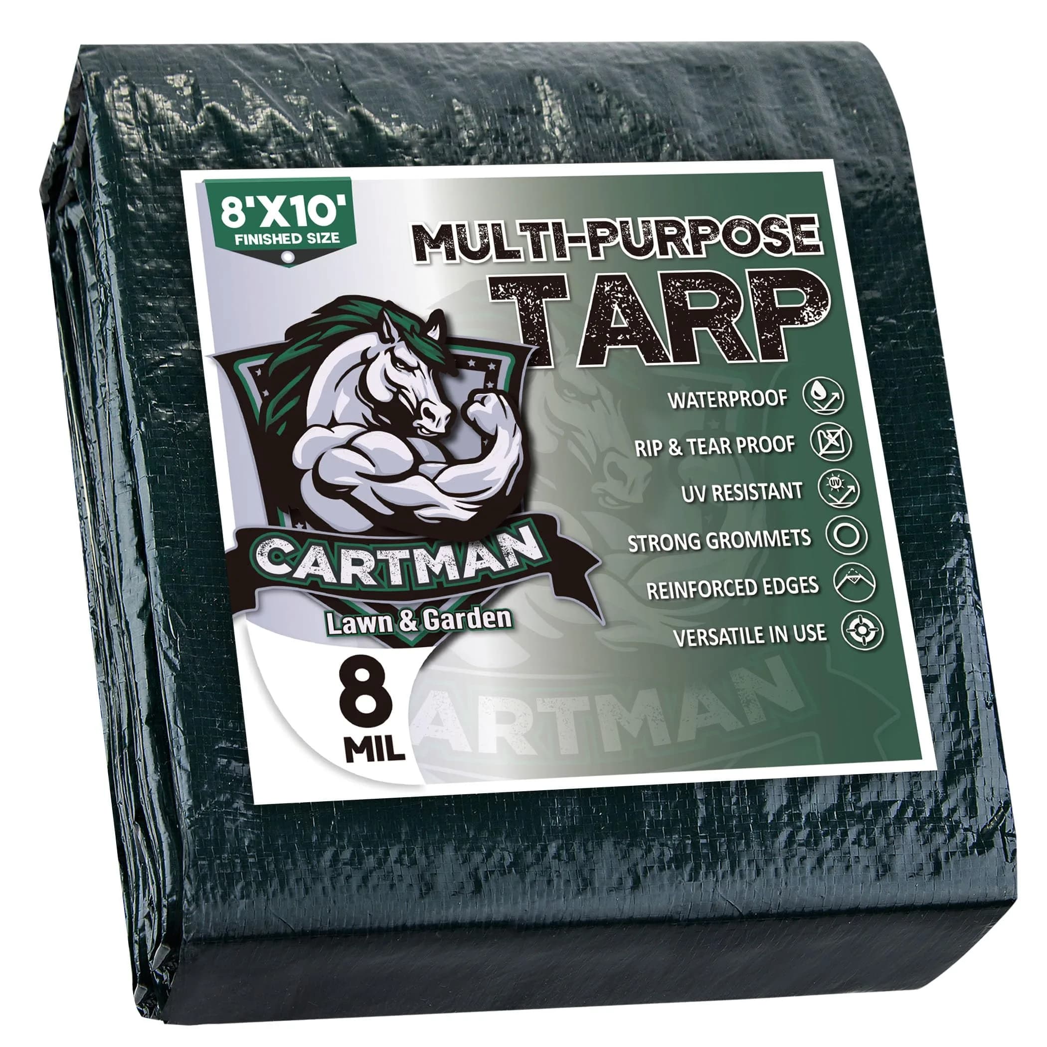 CARTMAN 8x10Ft Waterproof Poly Tarp Cover 8 Mil | Heavy Duty, Green, Outdoor Use