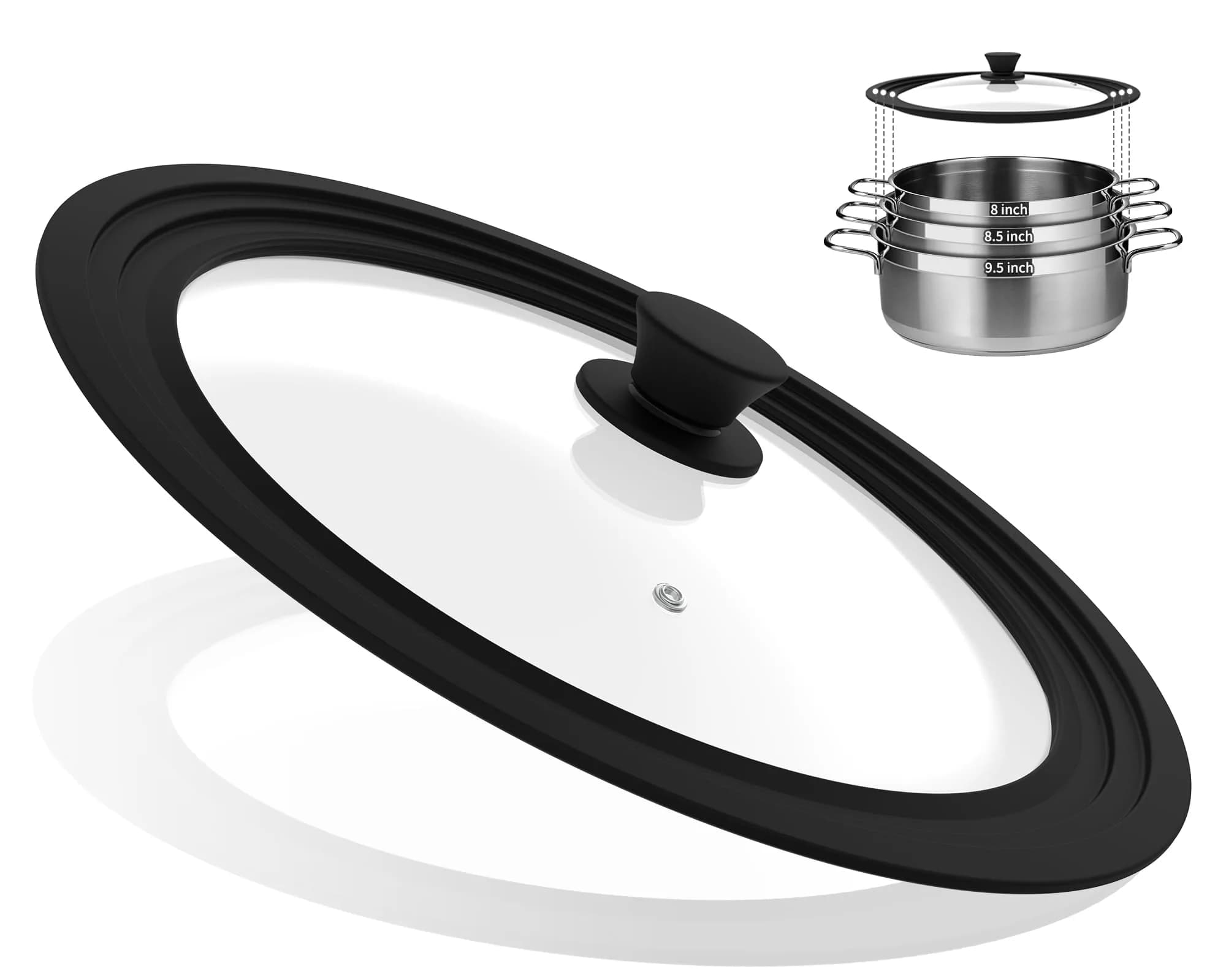 Eooch Universal Lid for Pots, Pans & Skillets 8-9.5 inch | Heat-Resistant Tempered Glass with Silicone Rim — 8",8.5",9.5"