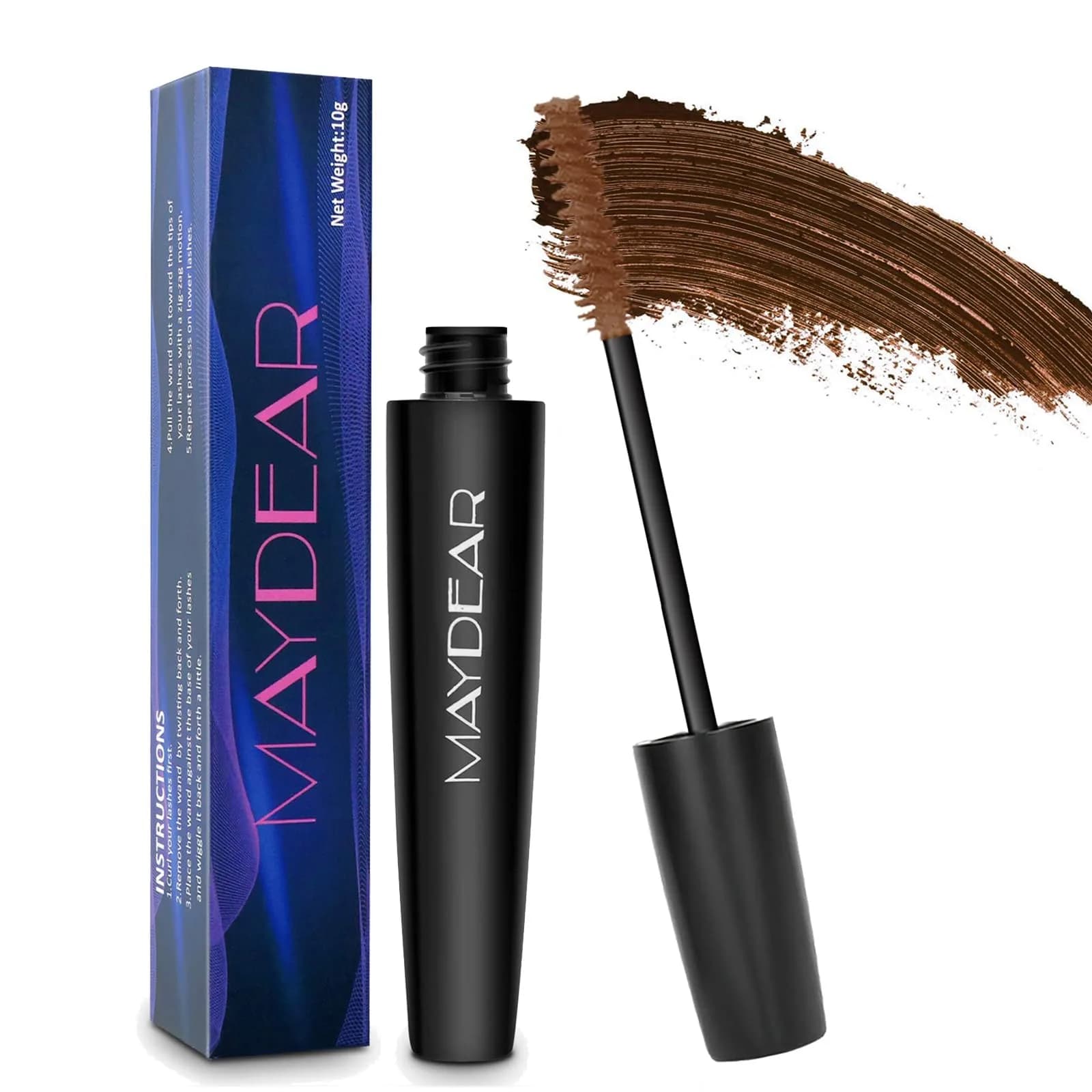 Maydear Rose Colored Mascara for Eyelashes, Waterproof Lengthening & Volumizing, 10.35ml (0.35 Fl Oz) | Smudge-Proof for Party & Stage — Brown