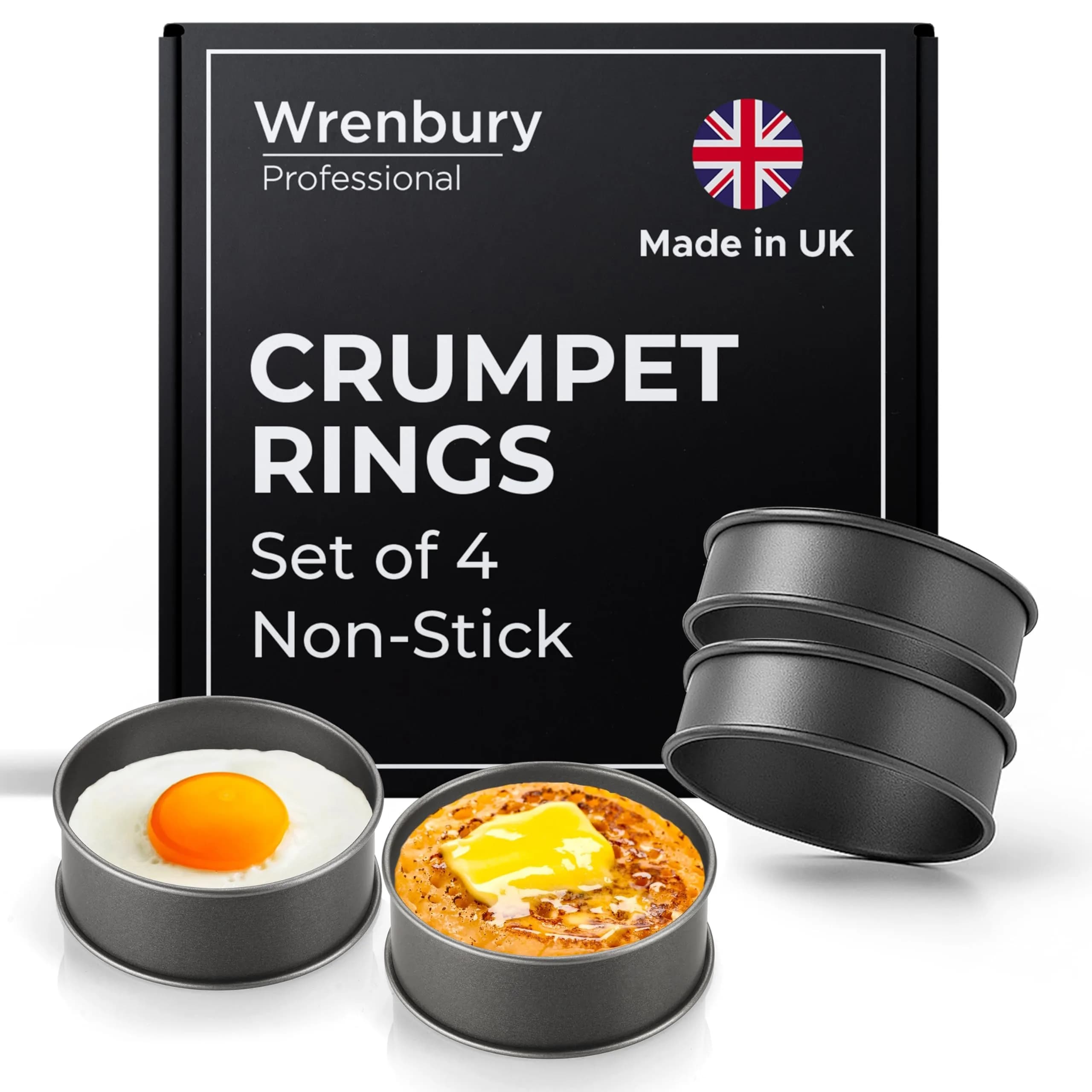 Wrenbury Nonstick Crumpet Rings Set of 4 Food Molds, 9cm (3.5 inch) Metal Baking Egg Rings | Perfect Round Crumpets, Pancakes, English Muffins — 3.5" x 1.2"