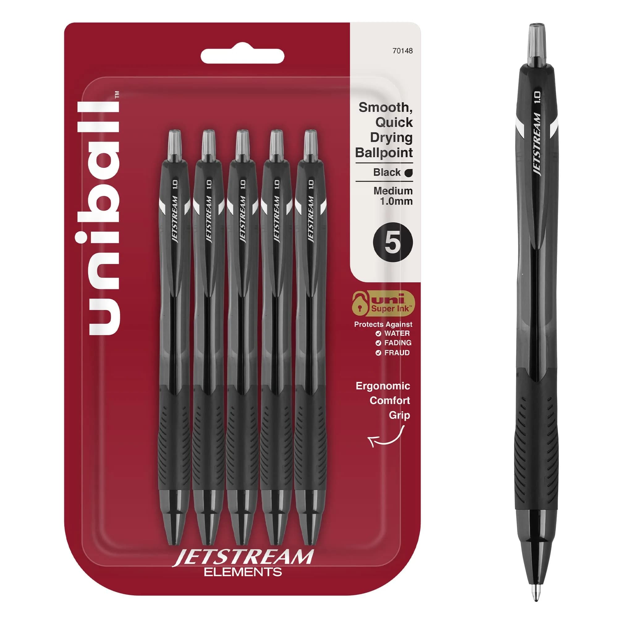 Uni-Ball Jetstream Elements Ballpoint Pens, 1.0mm, Black Ink, 5 Pack | Smooth Writing & Quick-Drying Hybrid Ink — Black