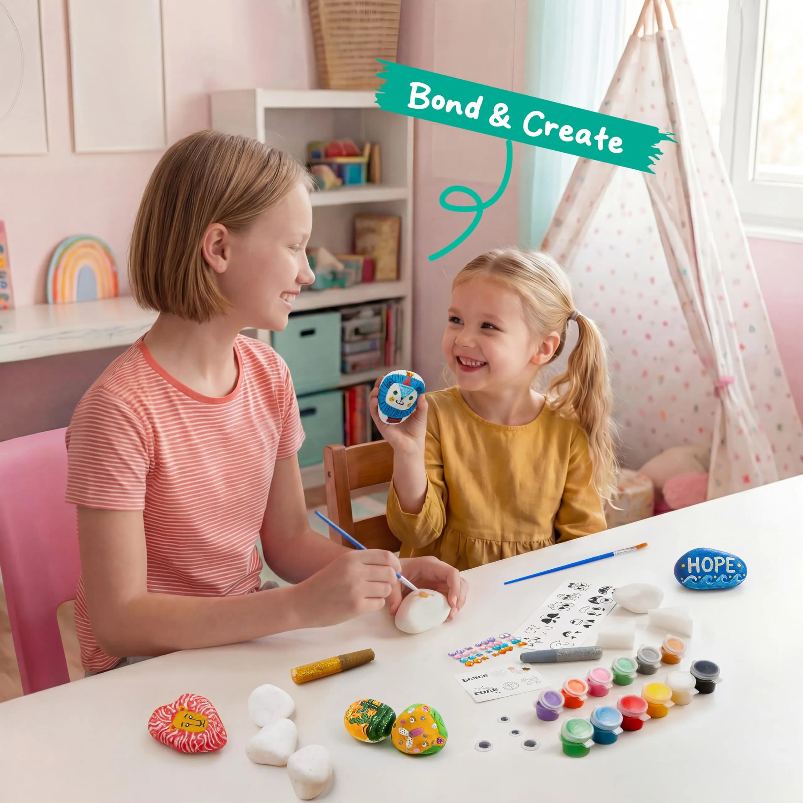 JOYIN Rock Painting Kit for Kids Ages 6-12 | Assorted Colors Art Craft Kit (10 Rocks, 10 Standard Paints, 6 Metallic Paints, 4 Glitter Glue, 32 Gems, 50 Stickers, 4 Brushes, 2 Sponges) - view 5