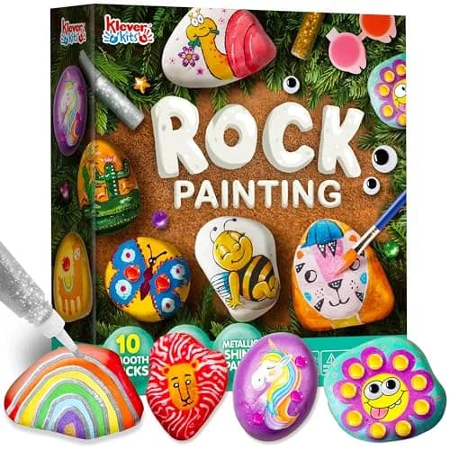 JOYIN Rock Painting Kit for Kids Ages 6-12 | Assorted Colors Art Craft Kit (10 Rocks, 10 Standard Paints, 6 Metallic Paints, 4 Glitter Glue, 32 Gems, 50 Stickers, 4 Brushes, 2 Sponges) thumbnail 1