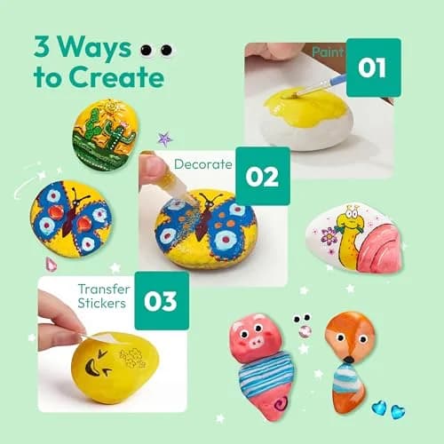 JOYIN Rock Painting Kit for Kids Ages 6-12 | Assorted Colors Art Craft Kit (10 Rocks, 10 Standard Paints, 6 Metallic Paints, 4 Glitter Glue, 32 Gems, 50 Stickers, 4 Brushes, 2 Sponges) thumbnail 7