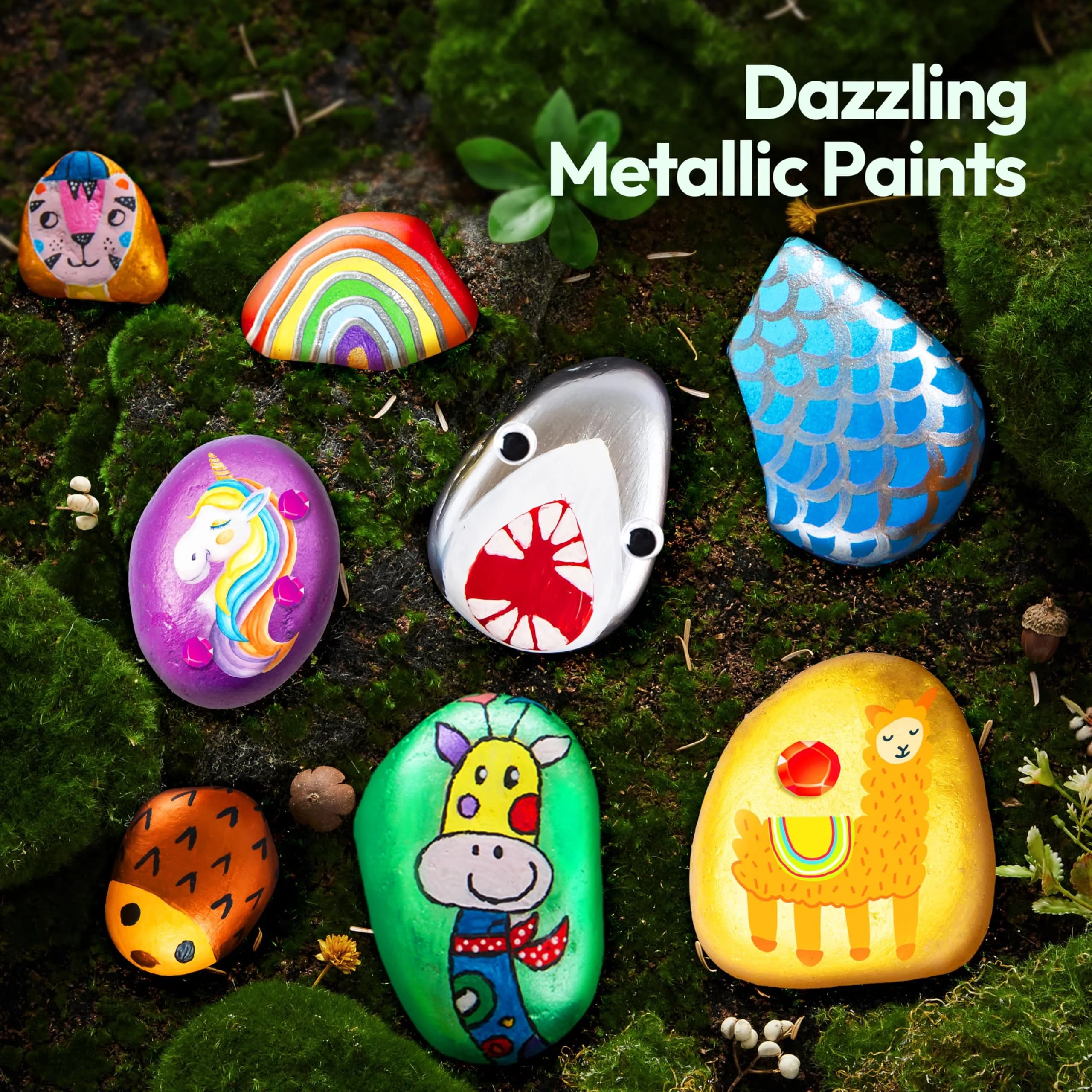 JOYIN Rock Painting Kit for Kids Ages 6-12 | Assorted Colors Art Craft Kit (10 Rocks, 10 Standard Paints, 6 Metallic Paints, 4 Glitter Glue, 32 Gems, 50 Stickers, 4 Brushes, 2 Sponges) - view 2