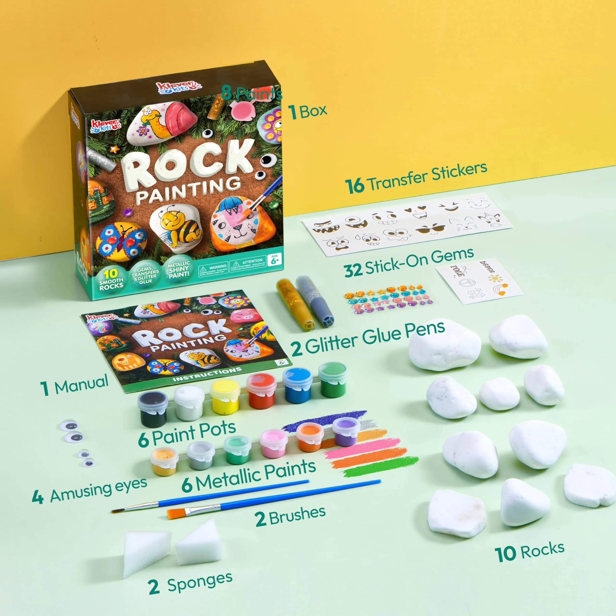 JOYIN Rock Painting Kit for Kids Ages 6-12 | Assorted Colors Art Craft Kit (10 Rocks, 10 Standard Paints, 6 Metallic Paints, 4 Glitter Glue, 32 Gems, 50 Stickers, 4 Brushes, 2 Sponges) - view 4