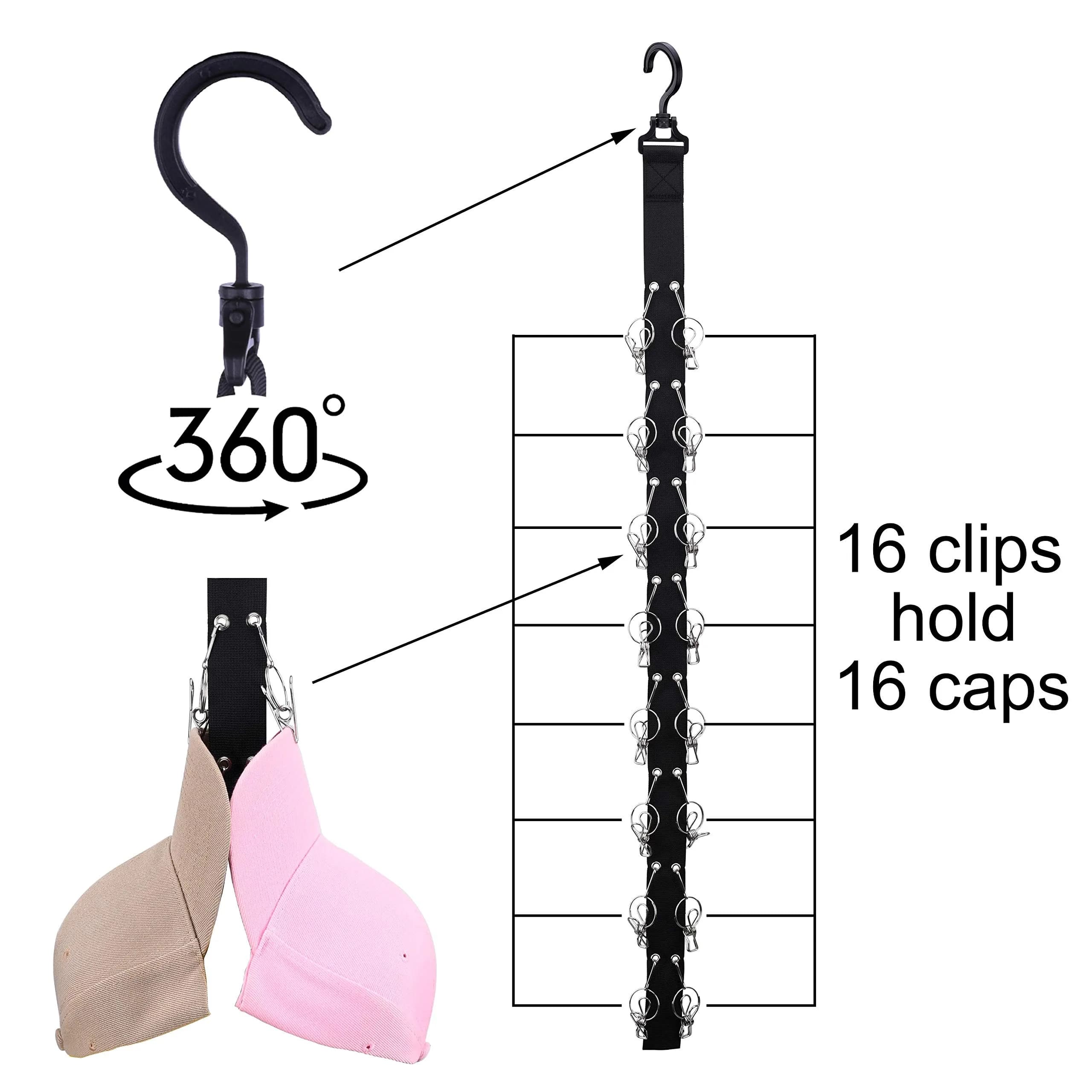 LEVOSHUA Hanging Cap Organizer with 16 Stainless Steel Clips | Black (1 Pack) - view 2