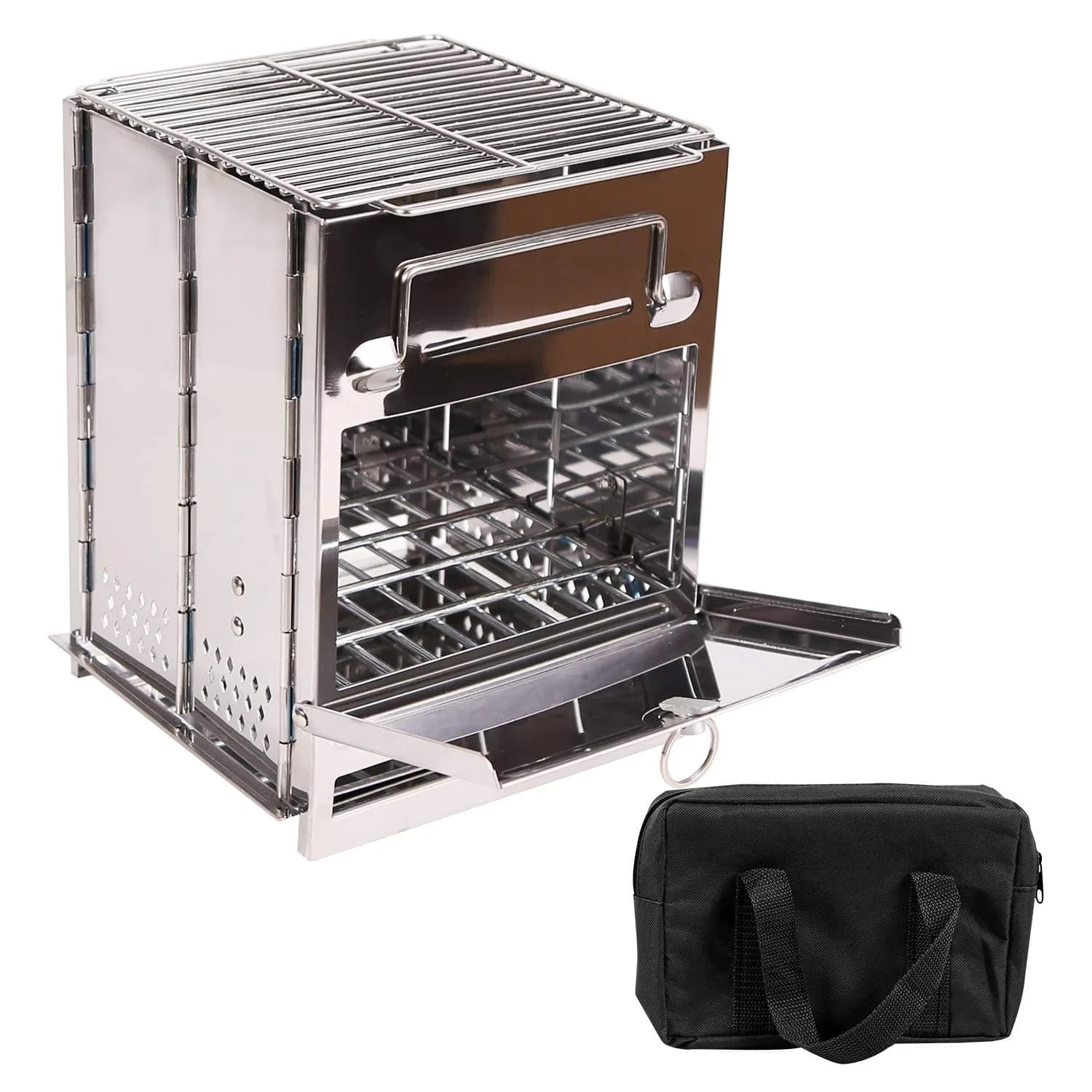 CAMPMAX Large Portable Folding Camping Wood Stove for Outdoor Cooking | Sturdy Stainless Steel, Lightweight & Foldable for Backpacking & BBQ in Silver