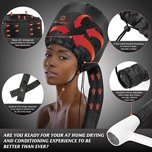Amzpic Bonnet Hood Hair Dryer Attachment - Soft, Adjustable Extra Large Bonnet for Fast Drying & Styling (Black) thumbnail 2