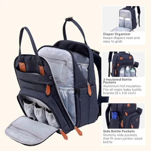 BabbleRoo Diaper Bag Backpack - Baby Essentials Travel Tote - Water Resistant, Multi Function, Navy Blue | 26L thumbnail 4