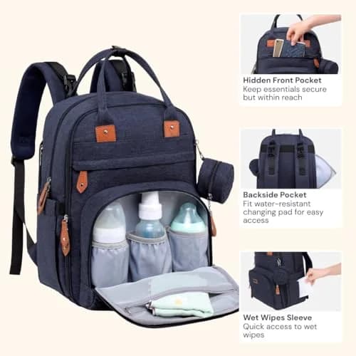 BabbleRoo Diaper Bag Backpack - Baby Essentials Travel Tote - Water Resistant, Multi Function, Navy Blue | 26L thumbnail 5