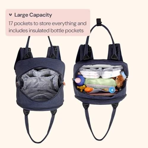 BabbleRoo Diaper Bag Backpack - Baby Essentials Travel Tote - Water Resistant, Multi Function, Navy Blue | 26L thumbnail 3