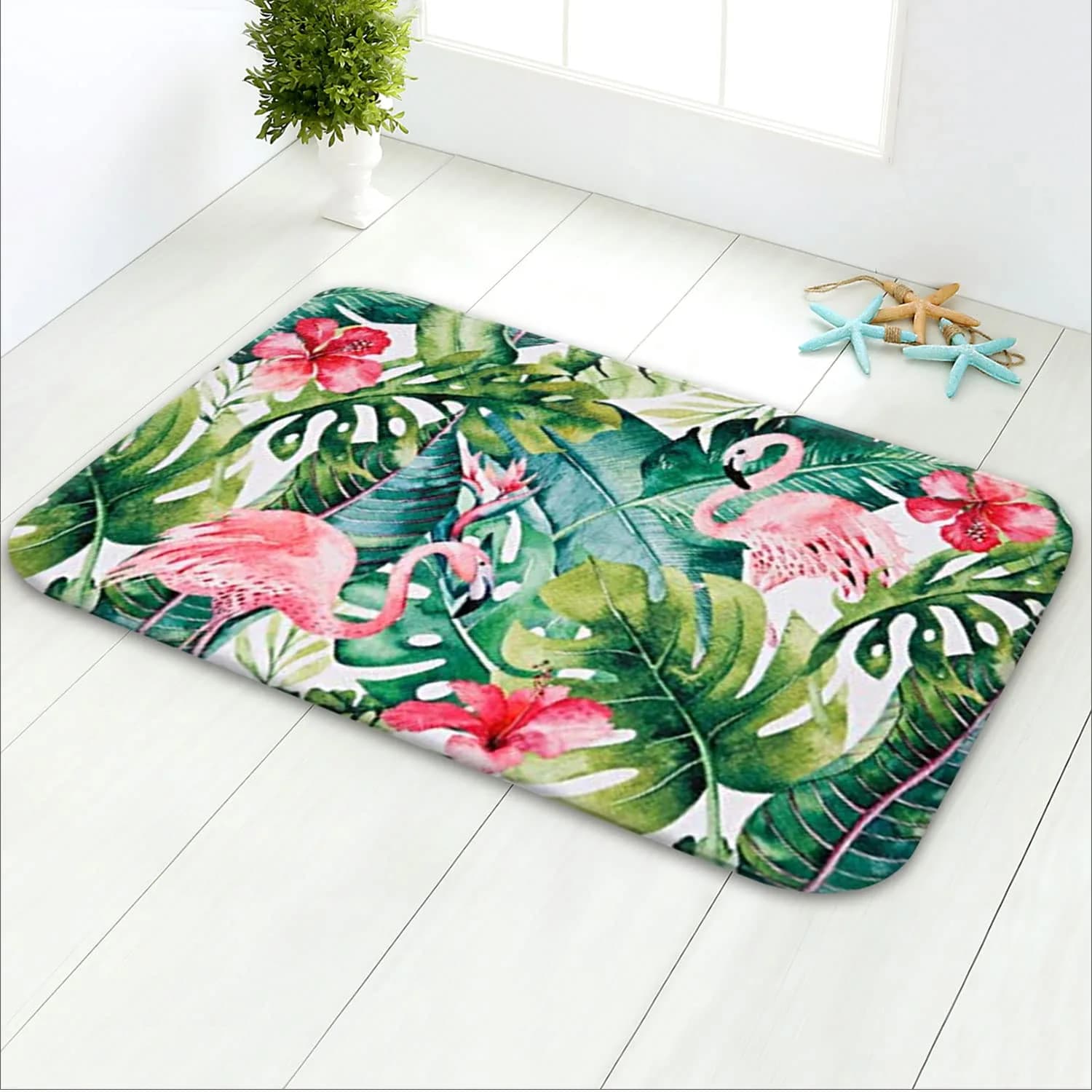 LIVILAN Tropical Leaf Bathroom Rug 40cm x 60cm | Soft Memory Foam, Quick Dry, Non-Slip PVC Backing — Flamingo Leaves