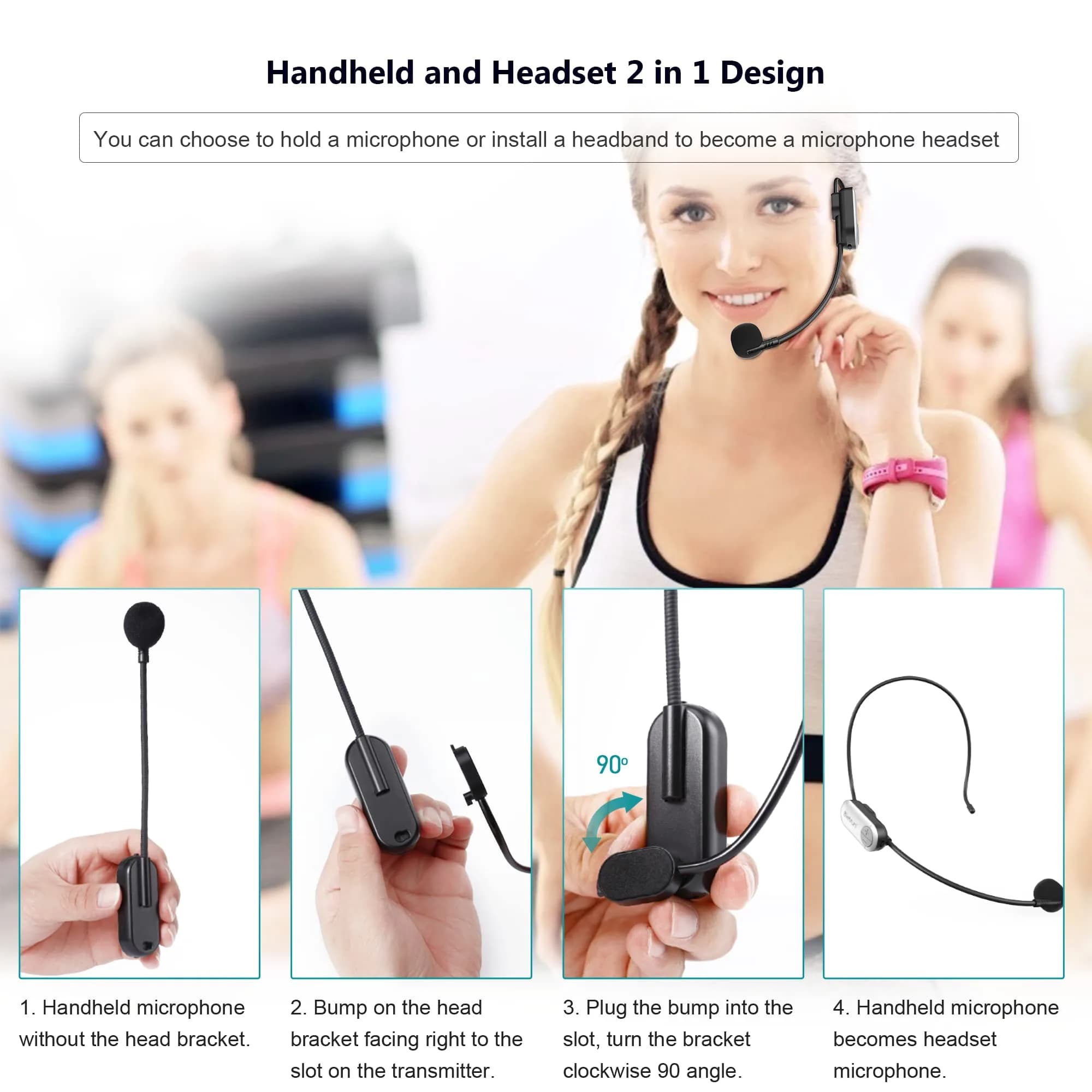 Bietrun UHF Wireless Headset Microphone System 17.5cm White | 165ft Range, 6H Battery, 2-in-1 Mic - view 5