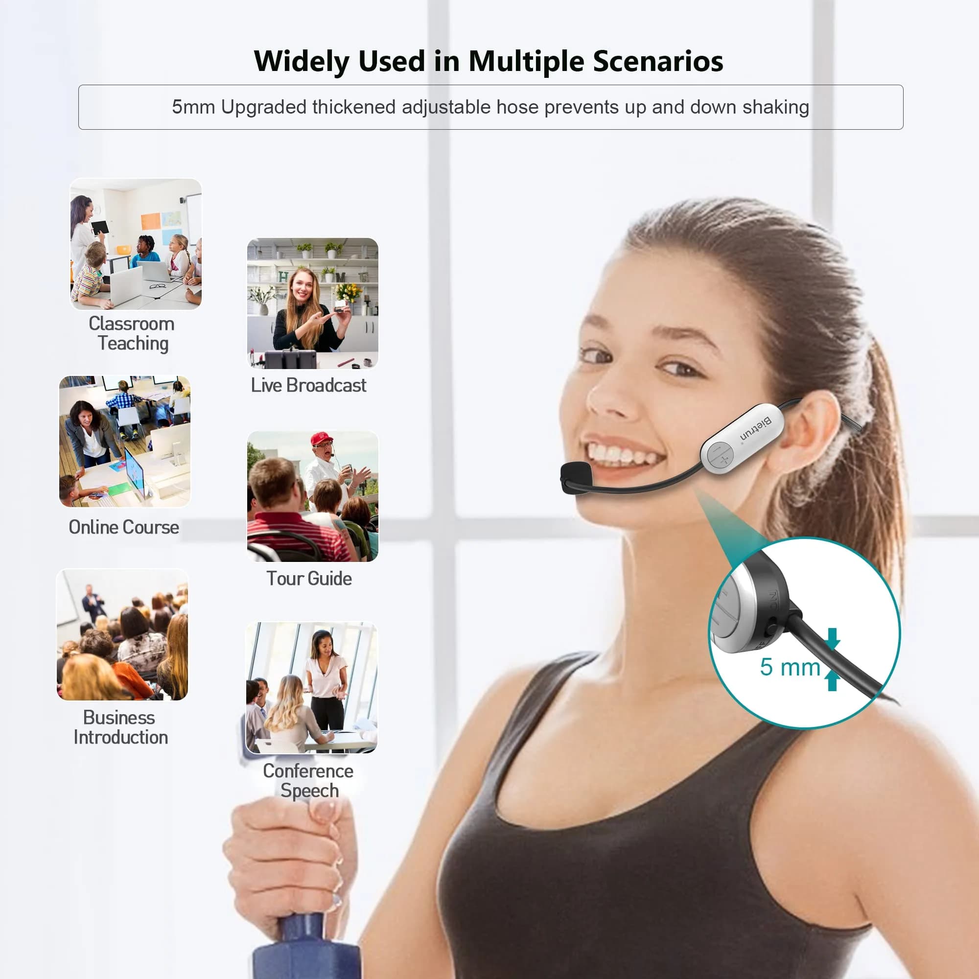 Bietrun UHF Wireless Headset Microphone System 17.5cm White | 165ft Range, 6H Battery, 2-in-1 Mic - view 6