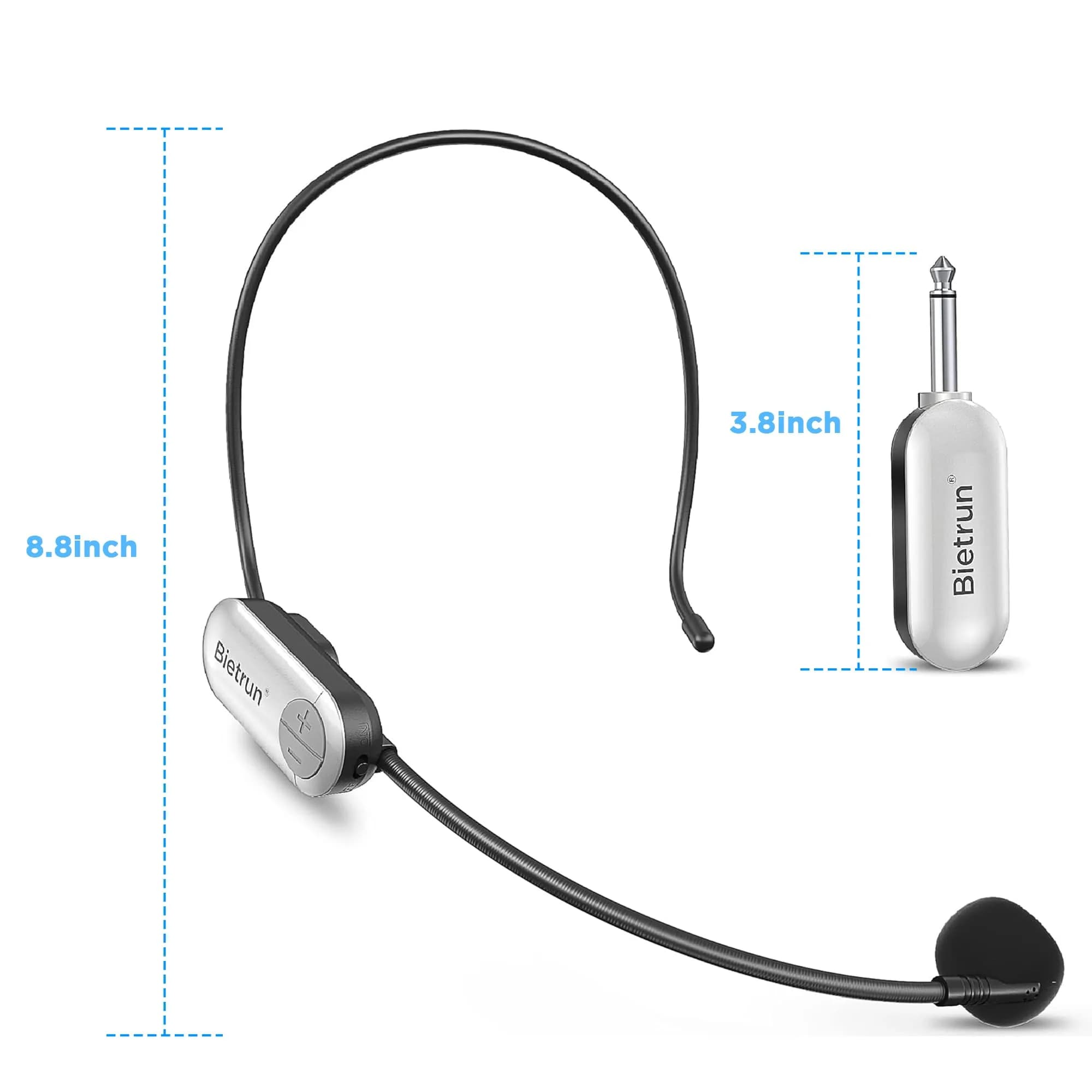 Bietrun UHF Wireless Headset Microphone System 17.5cm White | 165ft Range, 6H Battery, 2-in-1 Mic - view 8