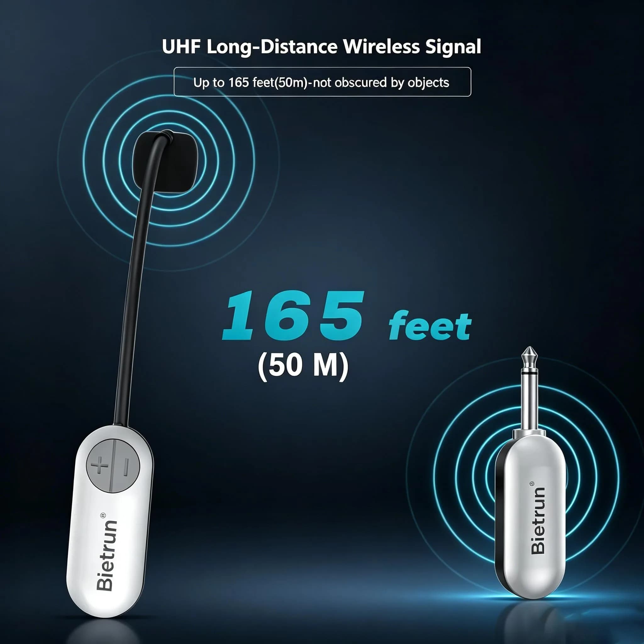Bietrun UHF Wireless Headset Microphone System 17.5cm White | 165ft Range, 6H Battery, 2-in-1 Mic - view 2