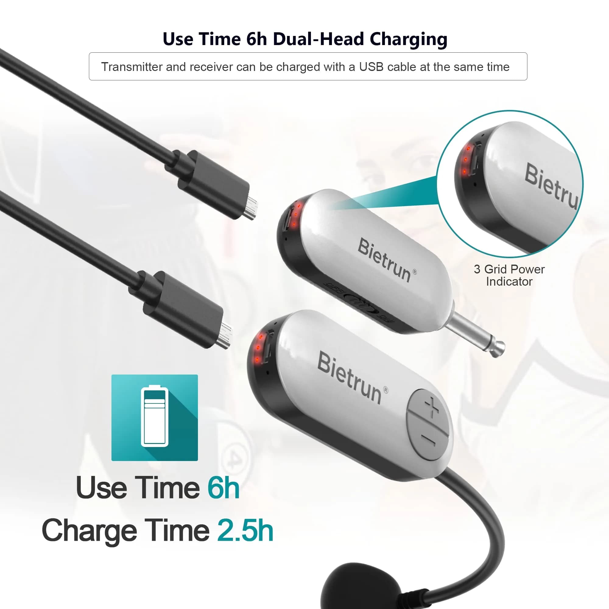 Bietrun UHF Wireless Headset Microphone System 17.5cm White | 165ft Range, 6H Battery, 2-in-1 Mic - view 3