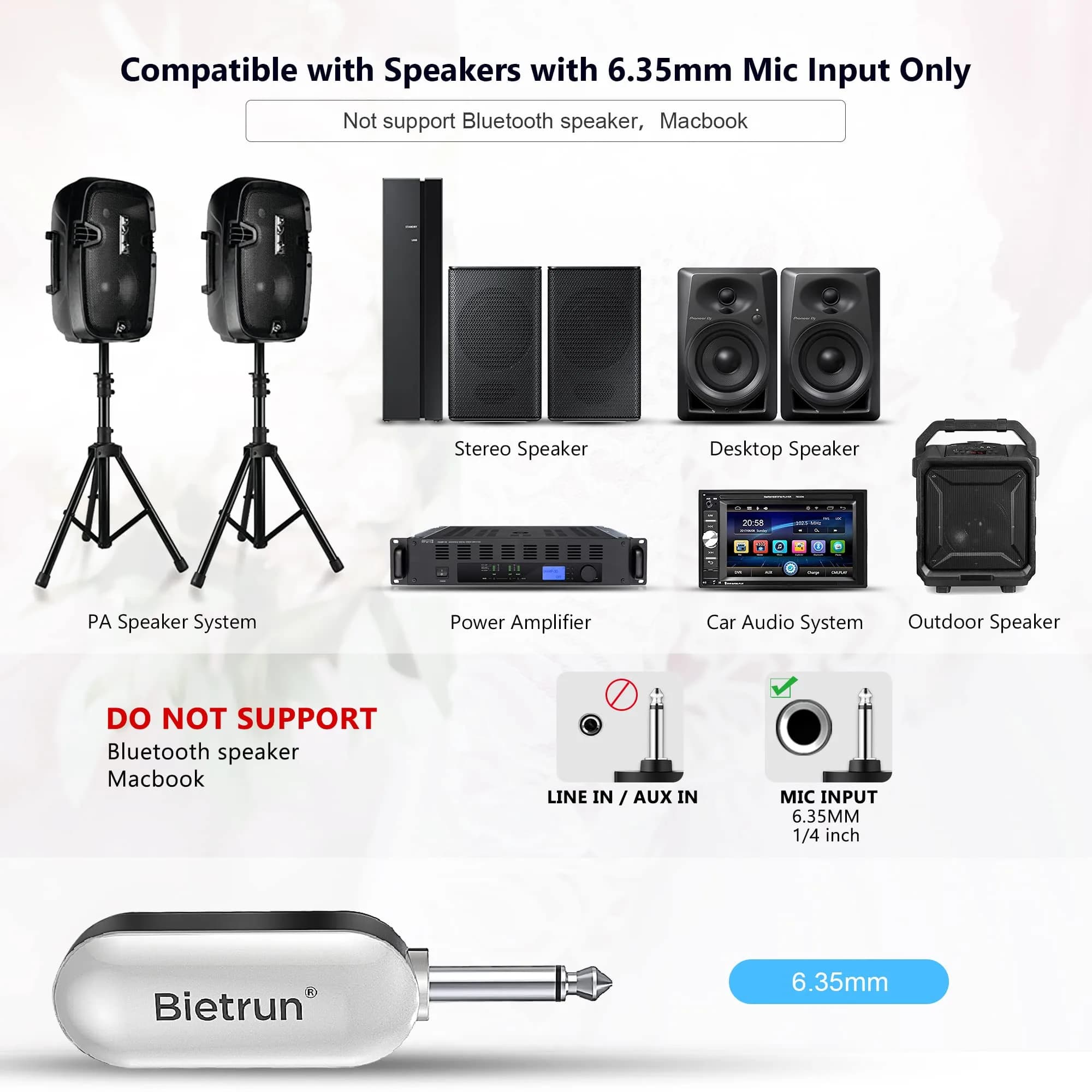 Bietrun UHF Wireless Headset Microphone System 17.5cm White | 165ft Range, 6H Battery, 2-in-1 Mic - view 4