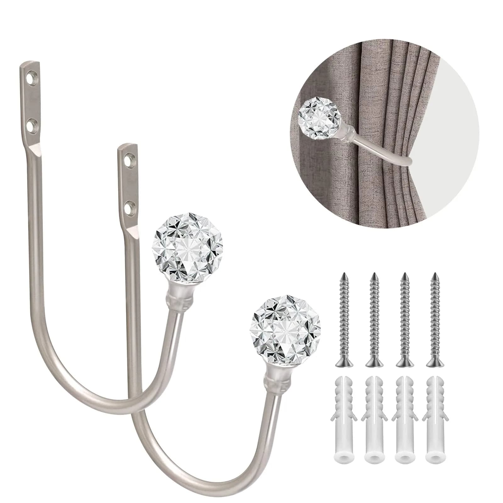 KOLAKO Crystal Ball Curtain Holdbacks, U Shaped Wall Mounted Drapery Hooks with Crystal Ball, 2-Pack Silver