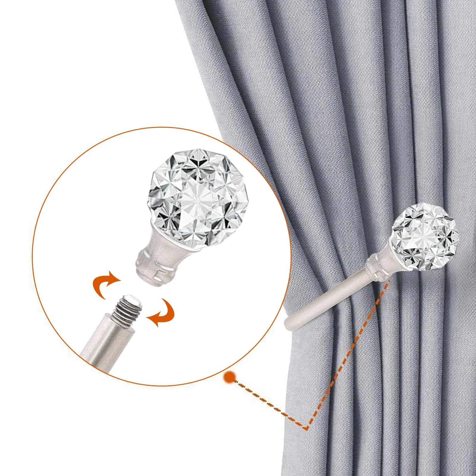 KOLAKO Crystal Ball Curtain Holdbacks, U Shaped Wall Mounted Drapery Hooks with Crystal Ball, 2-Pack Silver - view 6