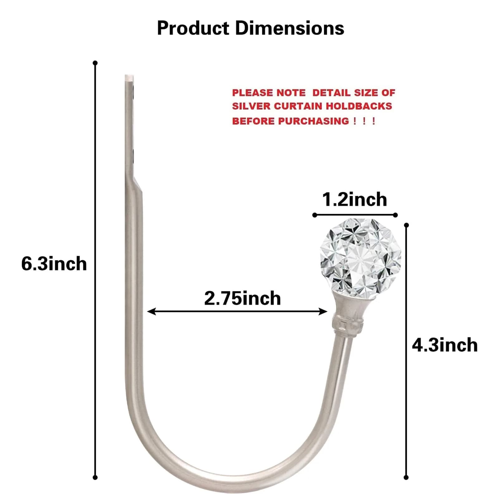 KOLAKO Crystal Ball Curtain Holdbacks, U Shaped Wall Mounted Drapery Hooks with Crystal Ball, 2-Pack Silver - view 2
