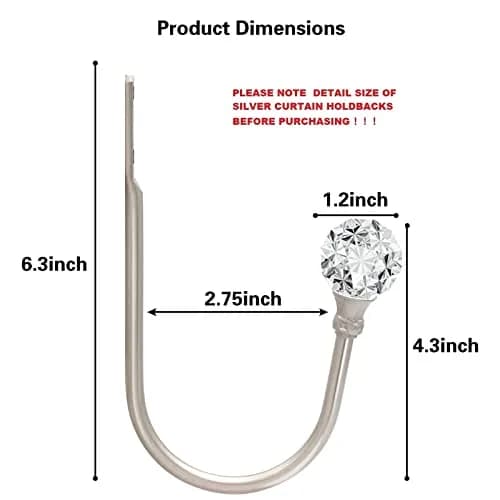 KOLAKO Crystal Ball Curtain Holdbacks, U Shaped Wall Mounted Drapery Hooks with Crystal Ball, 2-Pack Silver thumbnail 2