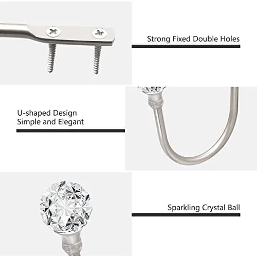 KOLAKO Crystal Ball Curtain Holdbacks, U Shaped Wall Mounted Drapery Hooks with Crystal Ball, 2-Pack Silver thumbnail 3