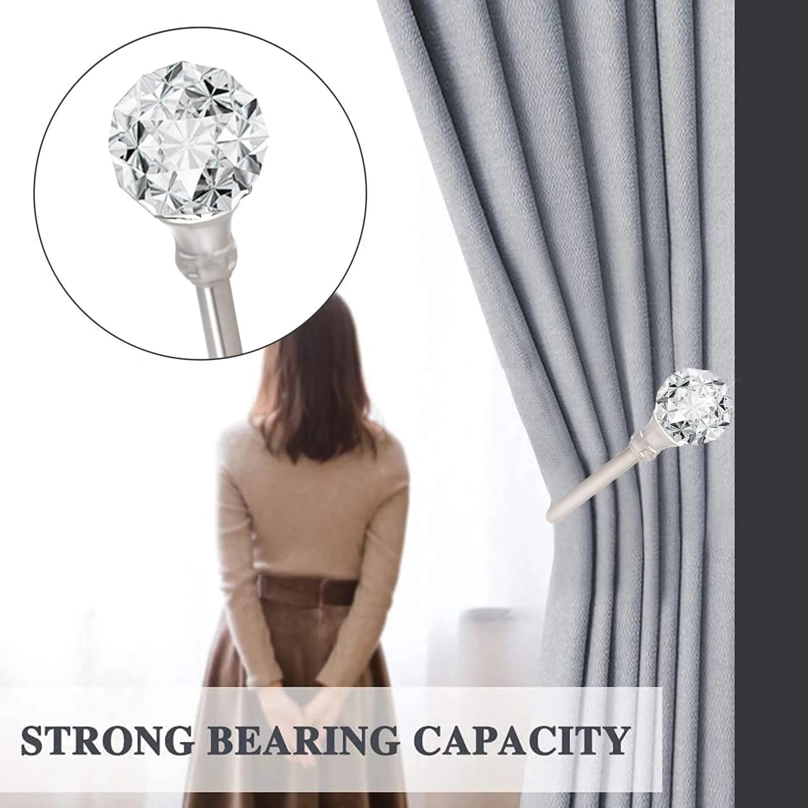 KOLAKO Crystal Ball Curtain Holdbacks, U Shaped Wall Mounted Drapery Hooks with Crystal Ball, 2-Pack Silver - view 4