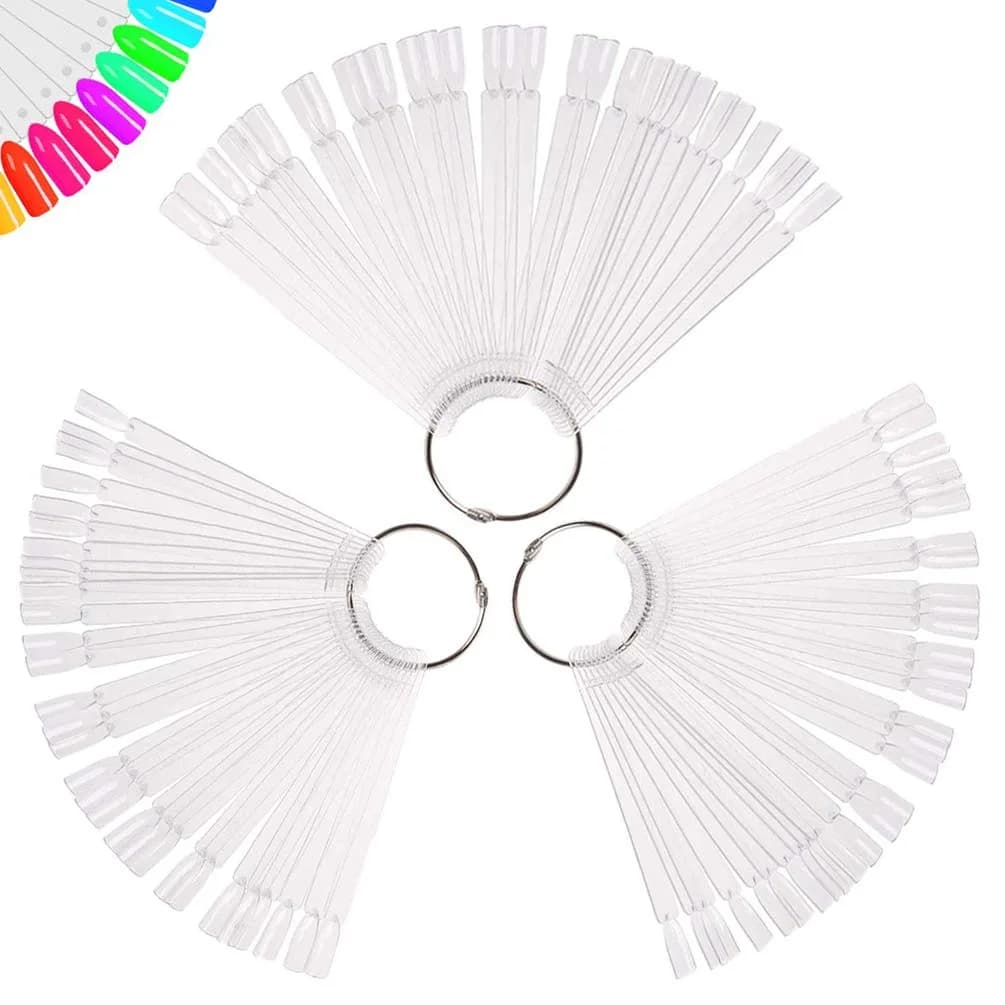 Treamlyn 150 Pcs Clear Nail Swatch Sticks with Ring | Fan Shape Nail Art Polish Display Tips