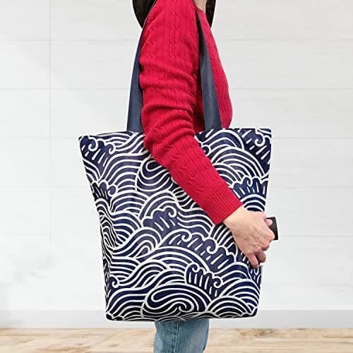 Wrapables Carryall Shopping Travel Tote Bag with Durable Ripstop Polyester - Foldable and Waterproof, Large, Navy Swirls | Compact, Water-Resistant & Spacious thumbnail 2