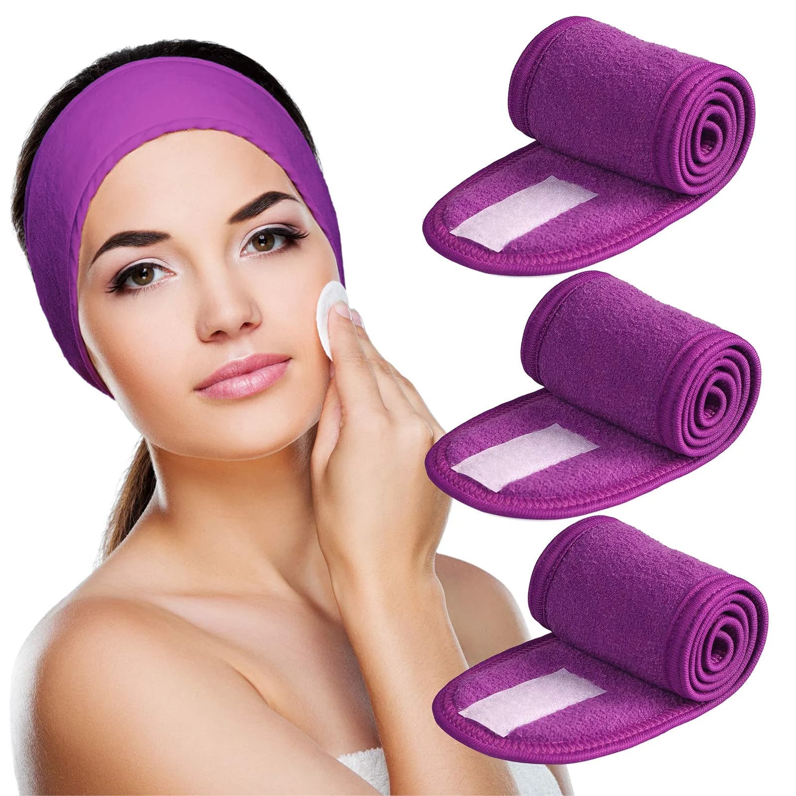 Denfany Soft Terry Cloth Spa Headband | Adjustable & Washable for Face Washing, Yoga, Makeup Removal — Purple+Purple+Purple