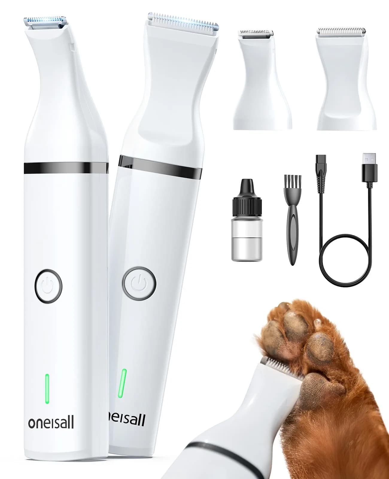 oneisall Dog Paw Trimmer Small Dog Clippers with Stainless Steel Double Blades | Low Noise Cordless Grooming Tool (22g, White)