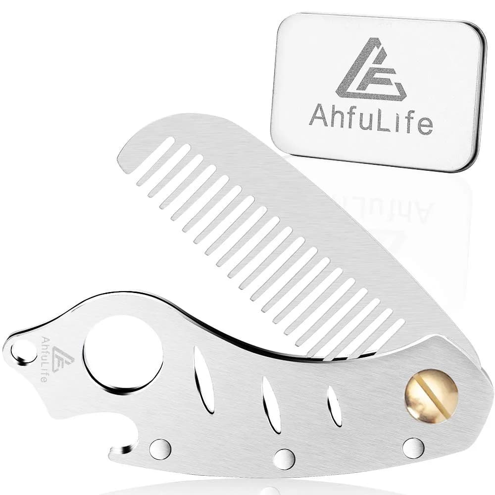 AhfuLife Stainless Steel Hair & Beard Comb | Anti-Static, Portable, Gift Boxed (15*3.6cm open, 9*3.6cm closed, 60g) — Silver