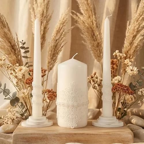 Magik Life Lace Elegance Unity Candle Set for Wedding & Reception | White Pearl Decor, 6" Pillar & Two 10" Taper Candles thumbnail 5