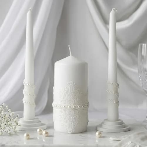 Magik Life Lace Elegance Unity Candle Set for Wedding & Reception | White Pearl Decor, 6" Pillar & Two 10" Taper Candles thumbnail 6