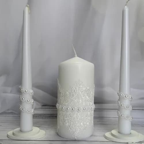 Magik Life Lace Elegance Unity Candle Set for Wedding & Reception | White Pearl Decor, 6" Pillar & Two 10" Taper Candles thumbnail 7