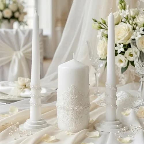 Magik Life Lace Elegance Unity Candle Set for Wedding & Reception | White Pearl Decor, 6" Pillar & Two 10" Taper Candles thumbnail 8