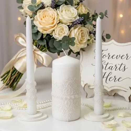 Magik Life Lace Elegance Unity Candle Set for Wedding & Reception | White Pearl Decor, 6" Pillar & Two 10" Taper Candles thumbnail 2
