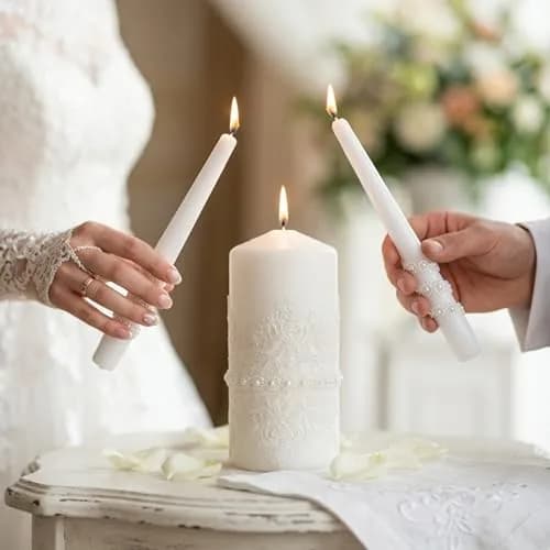 Magik Life Lace Elegance Unity Candle Set for Wedding & Reception | White Pearl Decor, 6" Pillar & Two 10" Taper Candles thumbnail 3