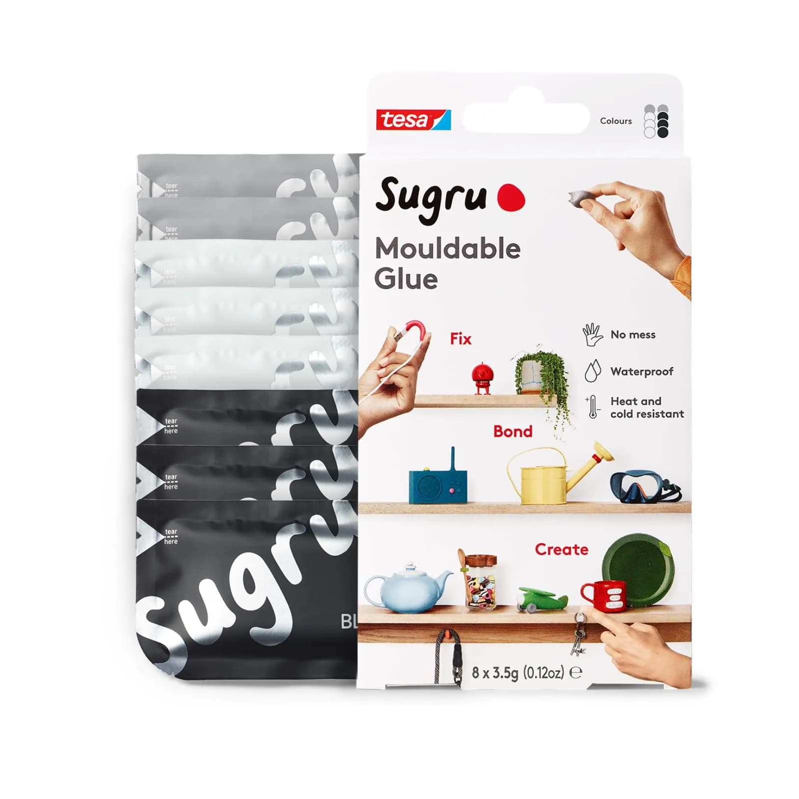 tesa Sugru Silicone Super Glue 8 Pack | Waterproof Moldable Adhesive for DIY & Crafts — Black, White & Gray