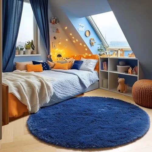 ONASAR Navy Blue Fluffy Round Rug 4ft | Soft Plush Kids Bedroom Decor thumbnail 1