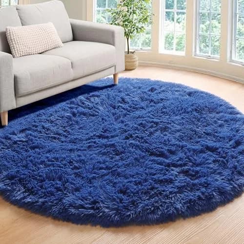 ONASAR Navy Blue Fluffy Round Rug 4ft | Soft Plush Kids Bedroom Decor thumbnail 4