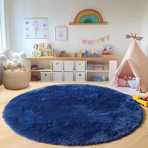 ONASAR Navy Blue Fluffy Round Rug 4ft | Soft Plush Kids Bedroom Decor thumbnail 6
